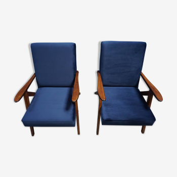 Mid century modern easy chairs from 1960's in navy blue velvet, set of 2