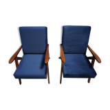 Mid century modern easy chairs from 1960's in navy blue velvet, set of 2