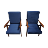 Mid century modern easy chairs from 1960's in navy blue velvet, set of 2