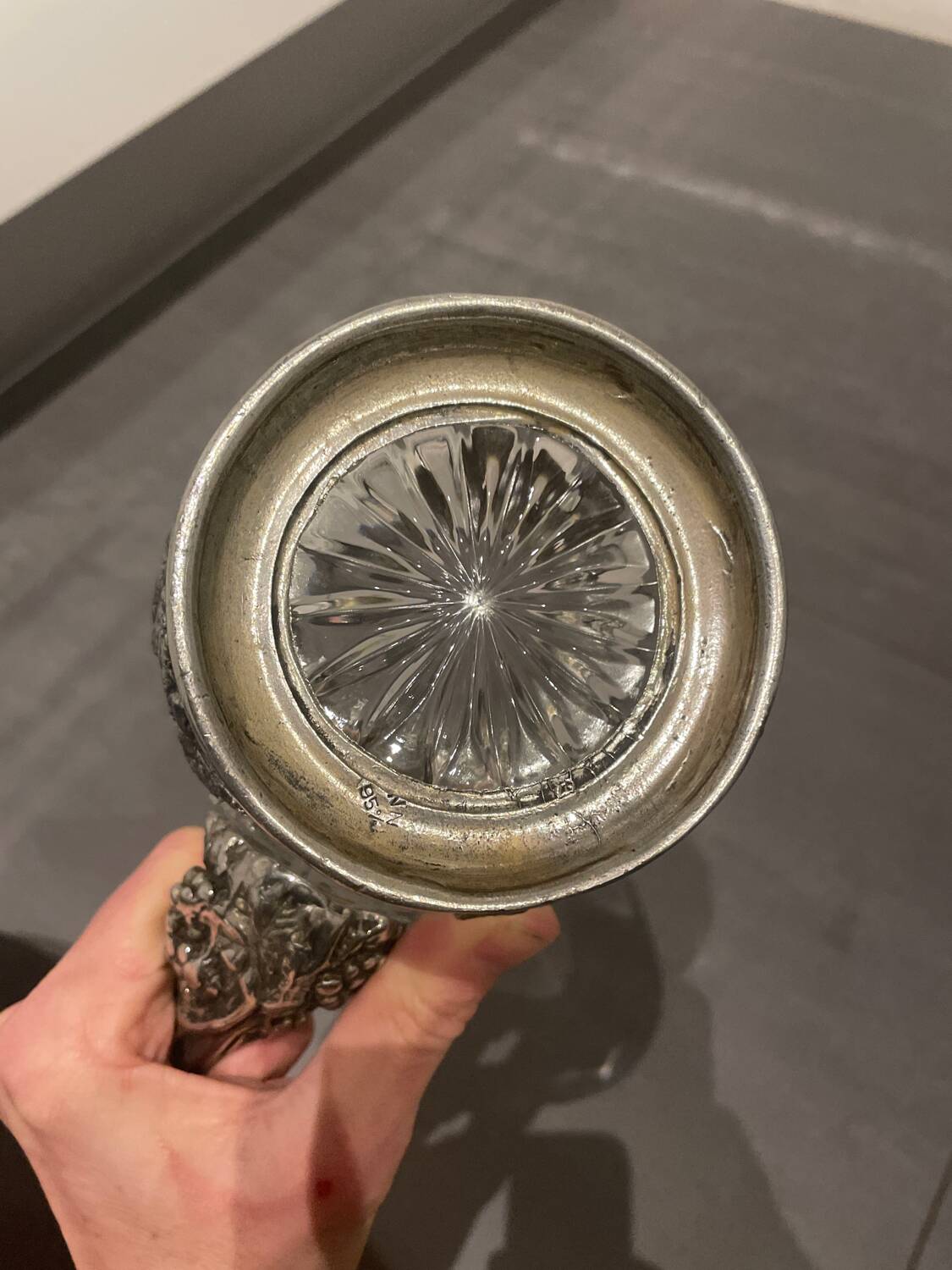 Pewter and crystal carafe