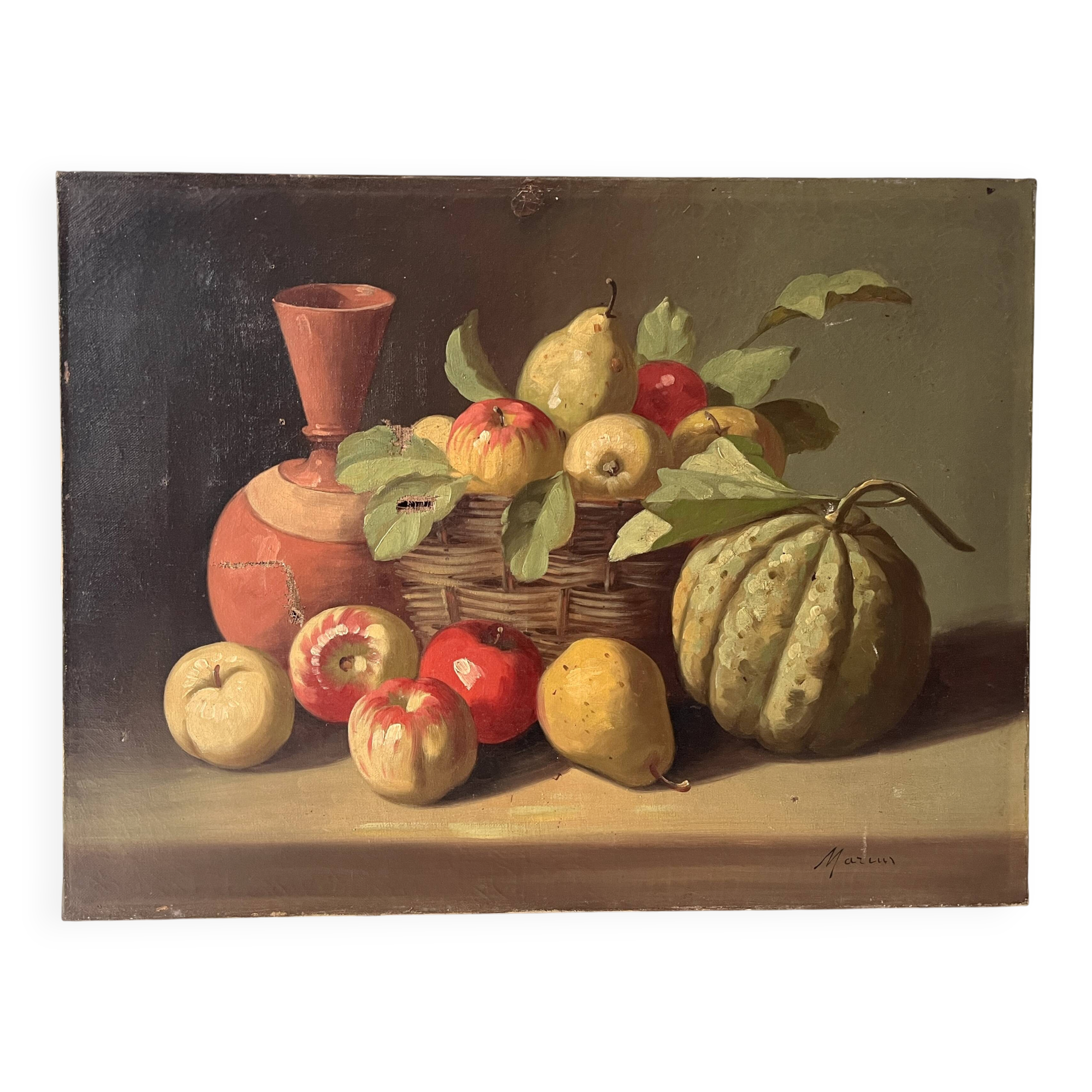 Peinture de nature morte à l'huile sur toile 1900, tableau melon et fruits