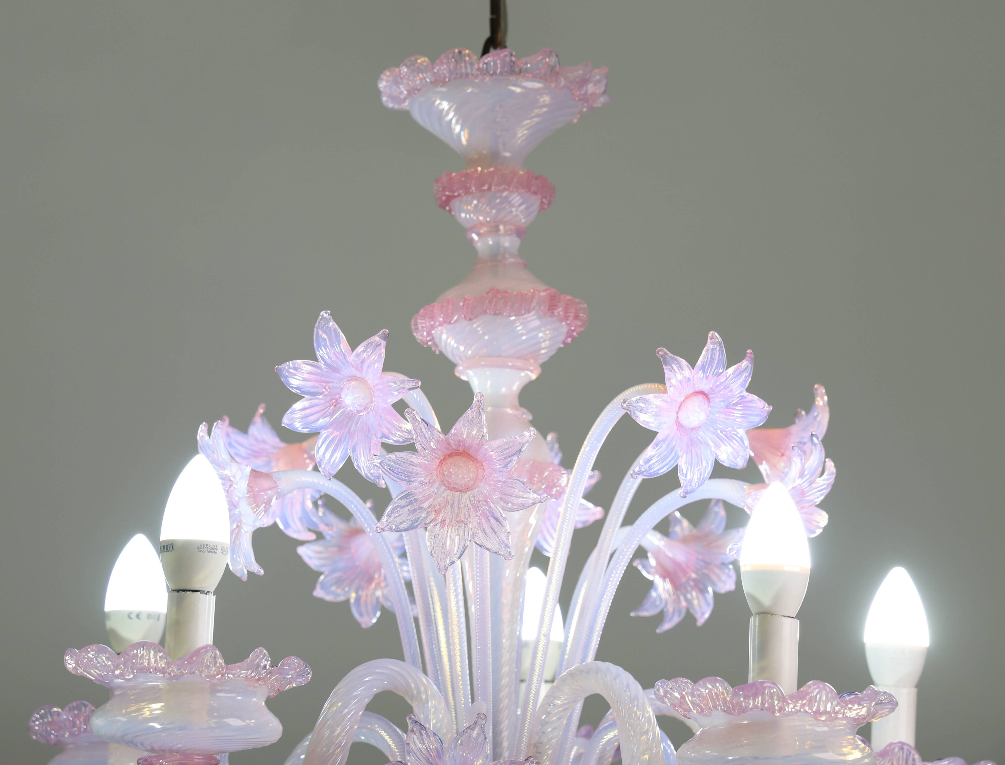 Extraordinary Murano Glass Chandelier adorned with Pink Flowers