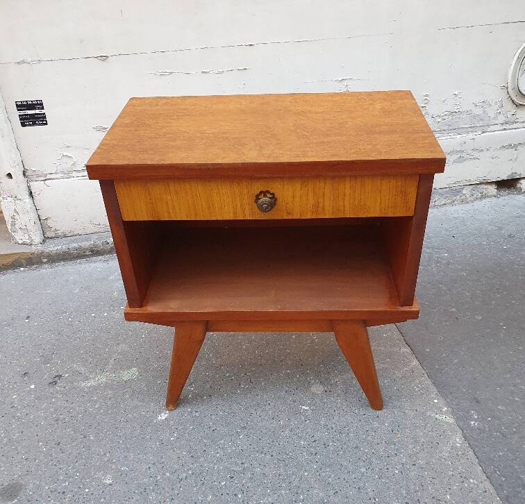 Wooden bedside table, compass legs, 1950