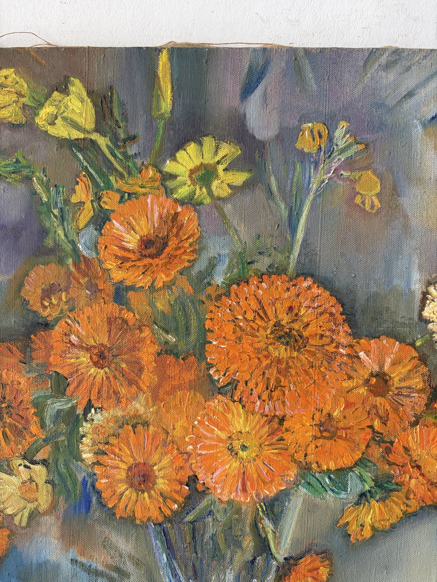 Bouquet of marigolds, oil on canvas signed Maurice Bouillot 1954
