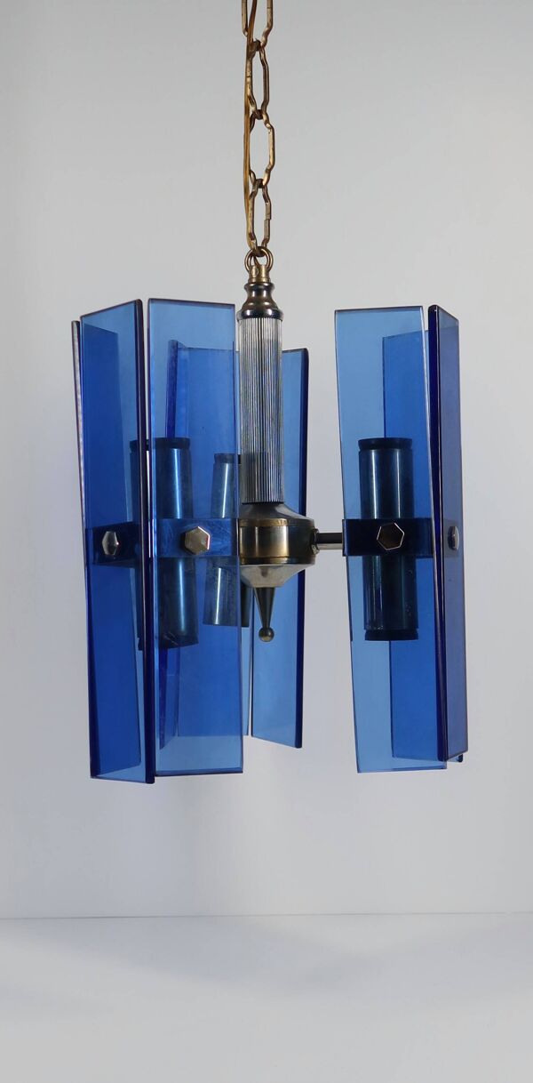 Suspension, lustre italien en verre bleu, style Fontana Arte, années 70