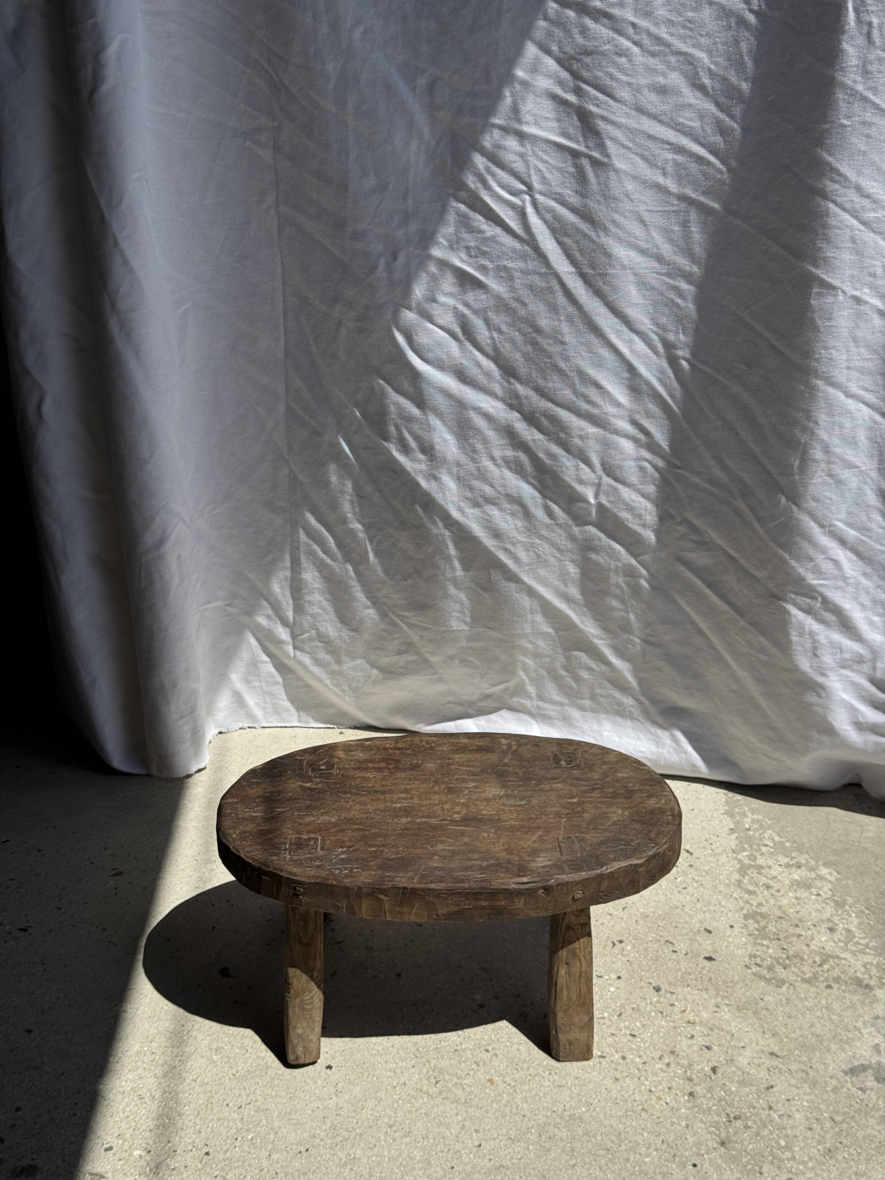 Small stool or small oval side table in solid teak wabi-sabi H24 53