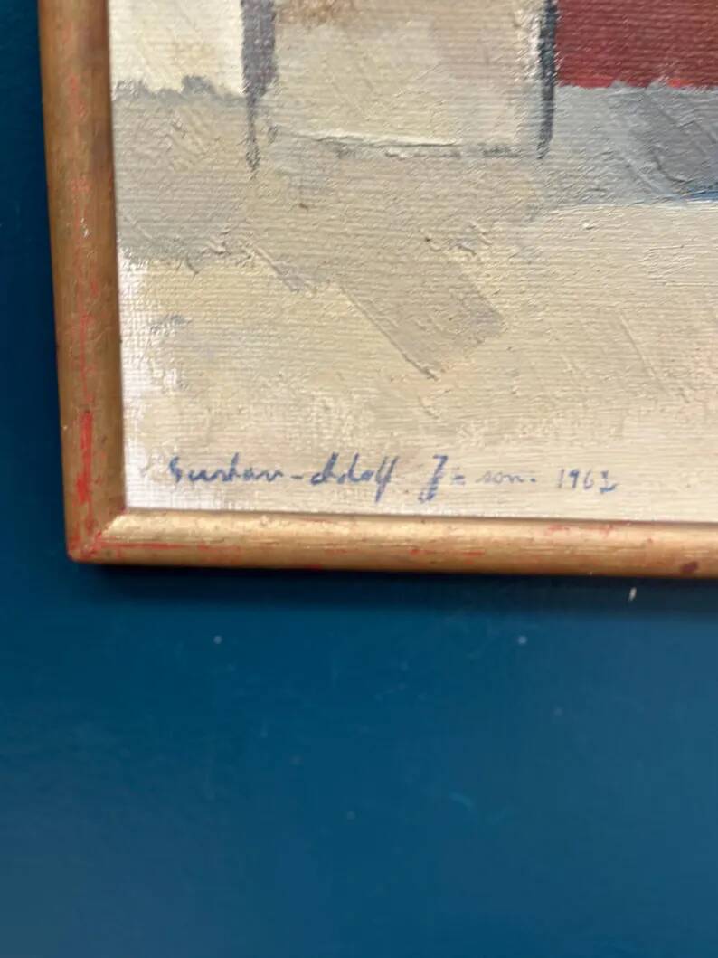 Large original Swedish oil on canvas - 'Blue Bottle and Books' by Gustav Adolf Johansson - 1962 - vintage and framed