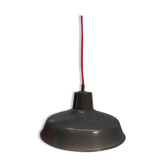 Ancienne suspension vintage industrielle tôle émaillée grise et blanche avec passe-fil en buis