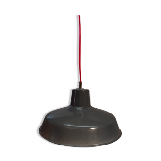 Old vintage industrial suspension lamp grey and white enamelled sheet metal with boxwood wire pass