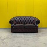 Original English Chesterfield 2-Seater Sofa - Vintage Oxblood Leather