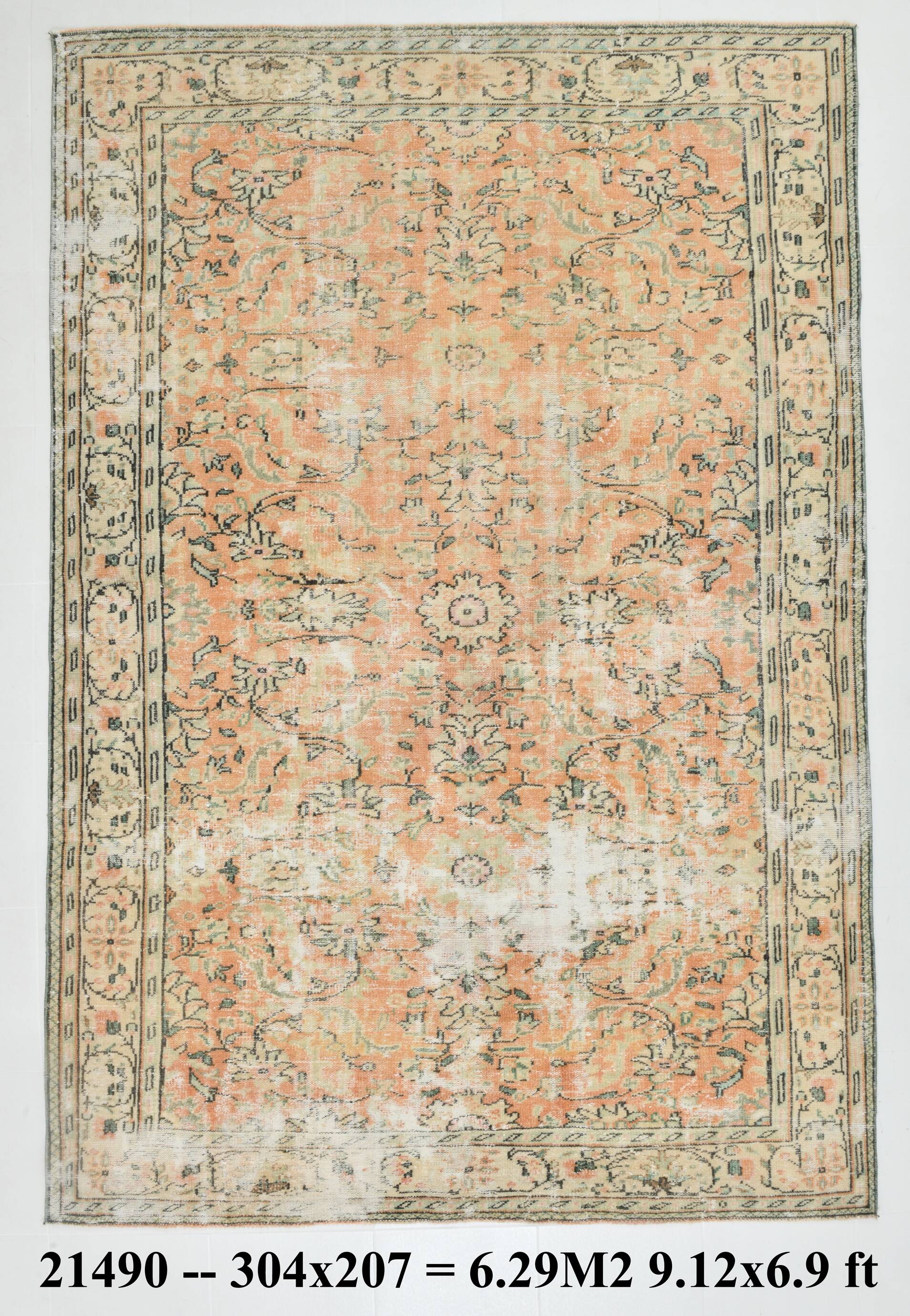 7x10 Large Cream Floral Pattern Turkish Vintage Rug, 207x304Cm