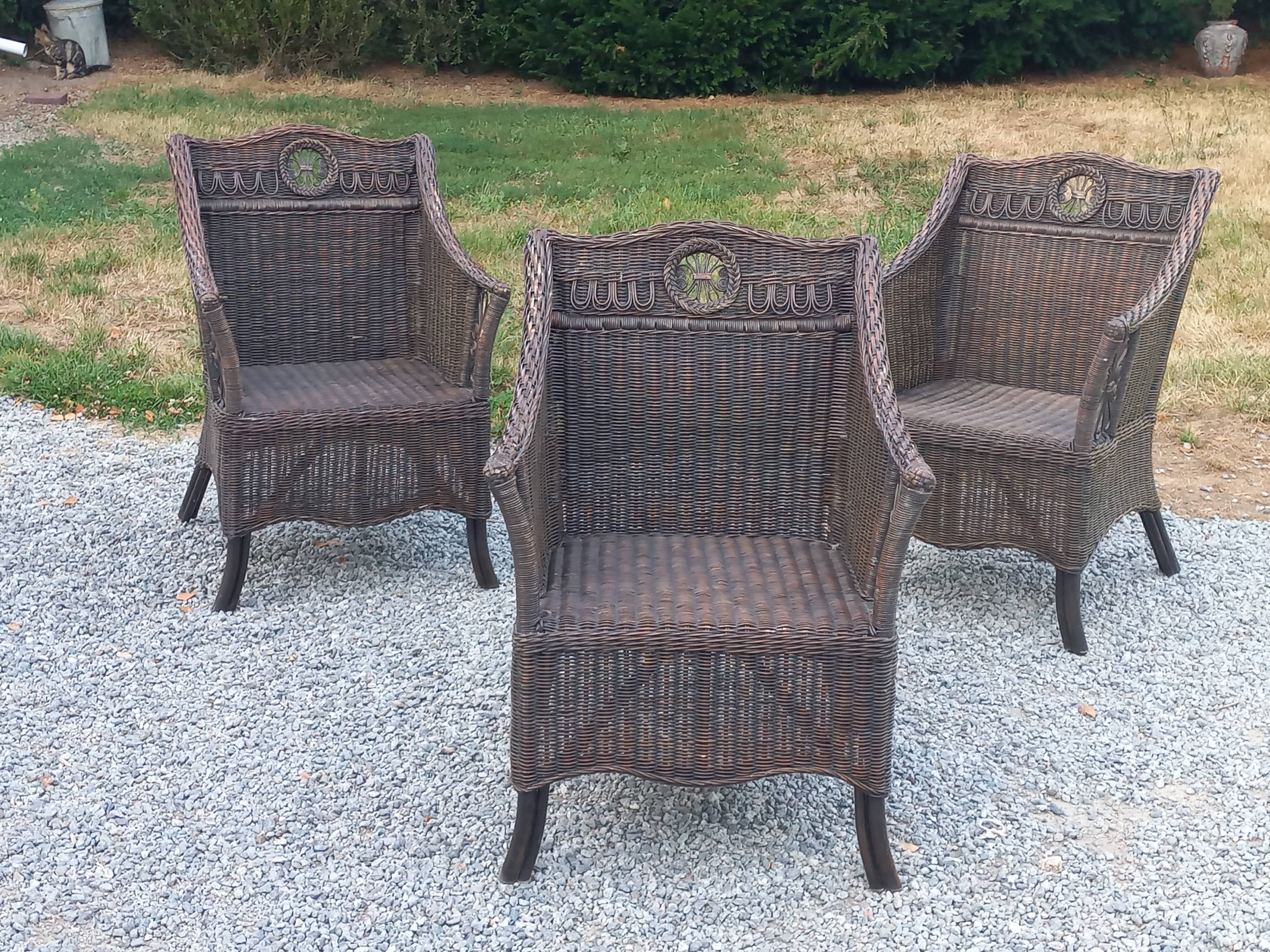 Set de 3 fauteuils en rotin des années 70