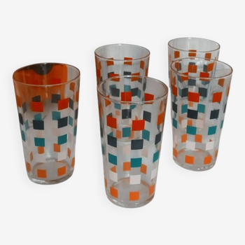 Set of colored glasses with geometric patterns Vintage Year 60-70 France