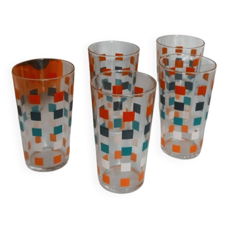 Set of colored glasses with geometric patterns Vintage Year 60-70 France