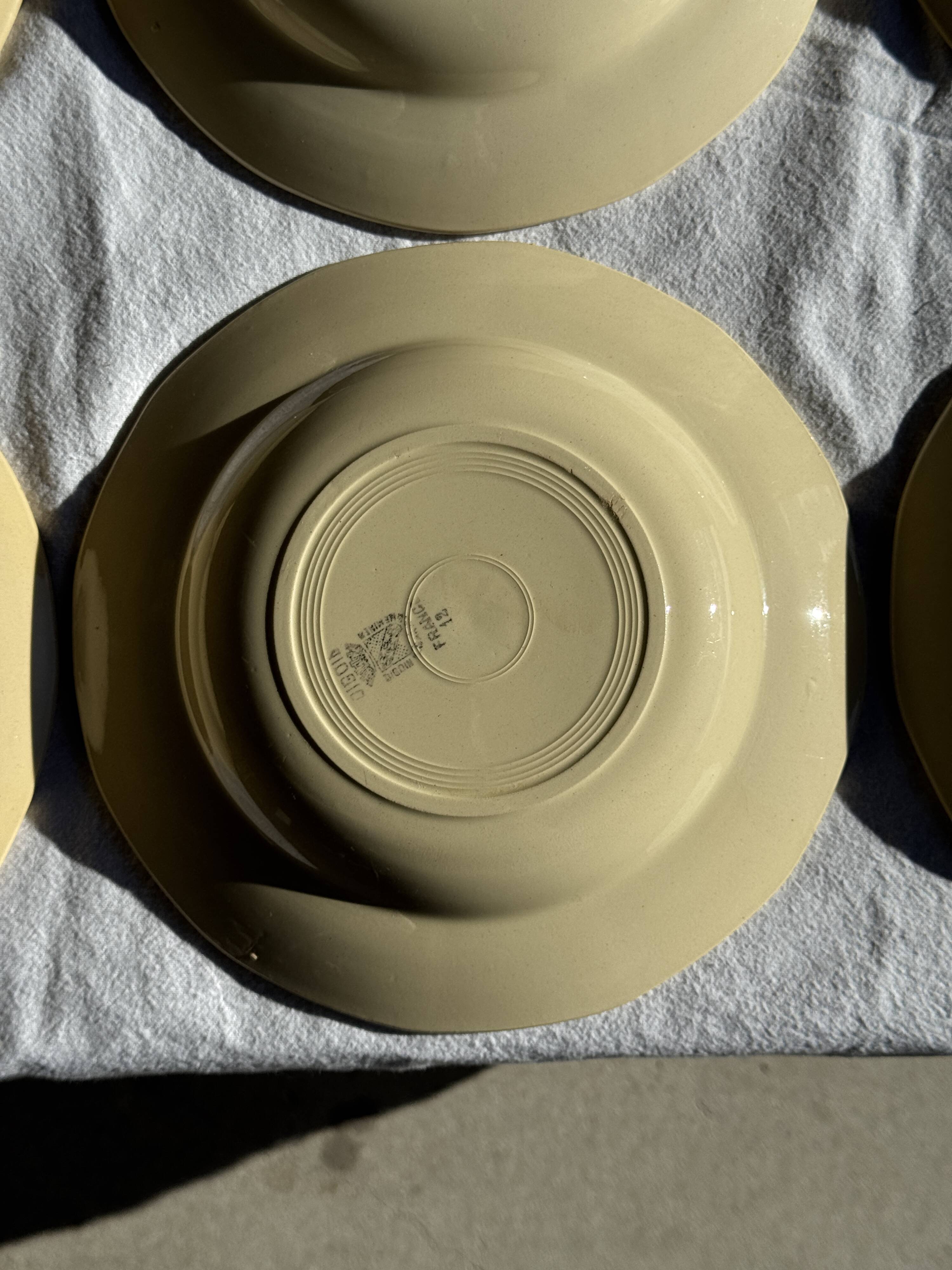 Set of 12 beige, pink, and blue deep plates from Digoin Sarreguemines, vintage.