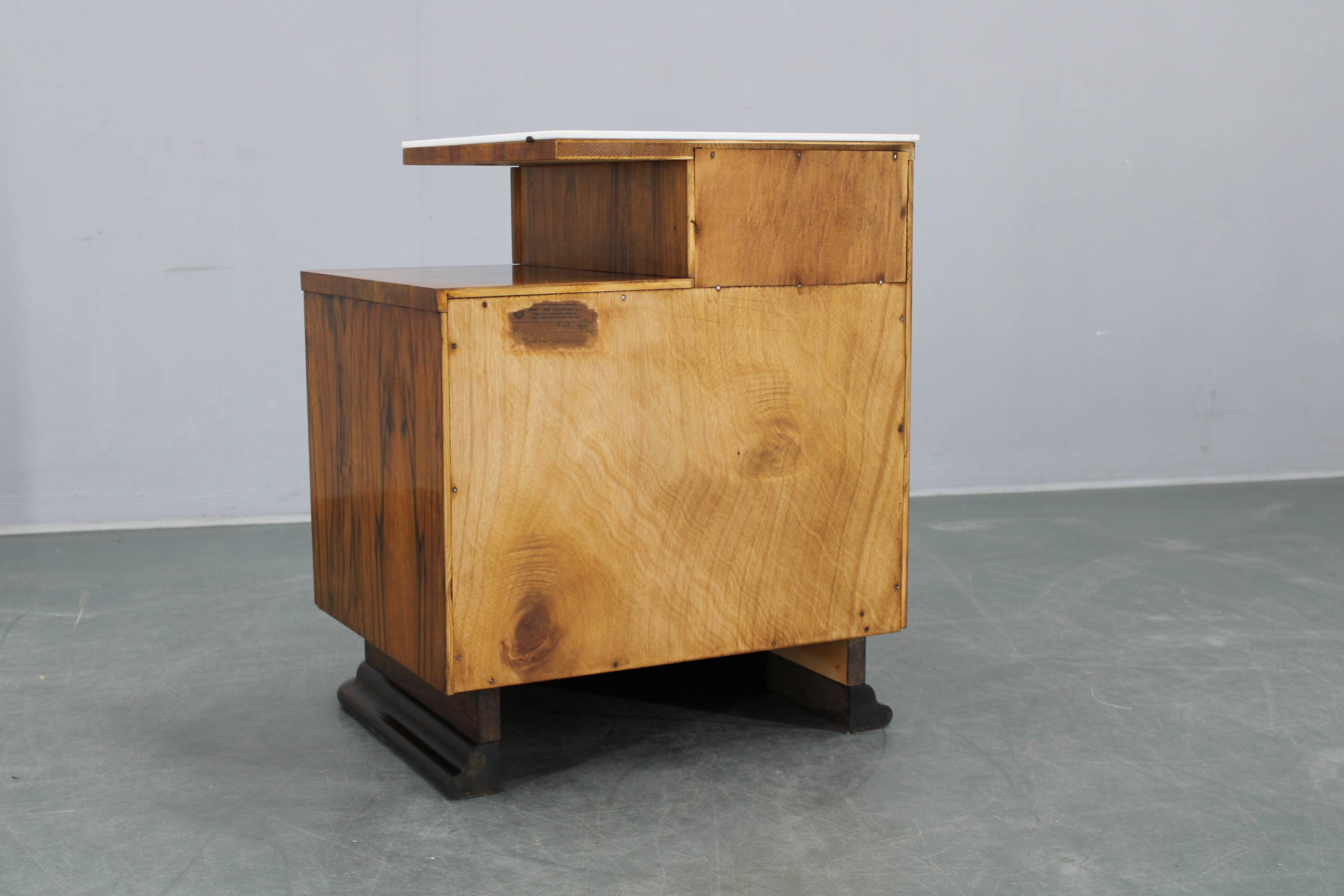 1940s night stand in walnut finish with glass top, Czechoslovakia