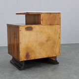 1940s night stand in walnut finish with glass top, Czechoslovakia