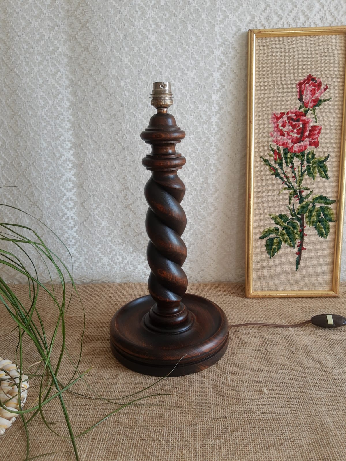 Turned wooden table lamp - vintage