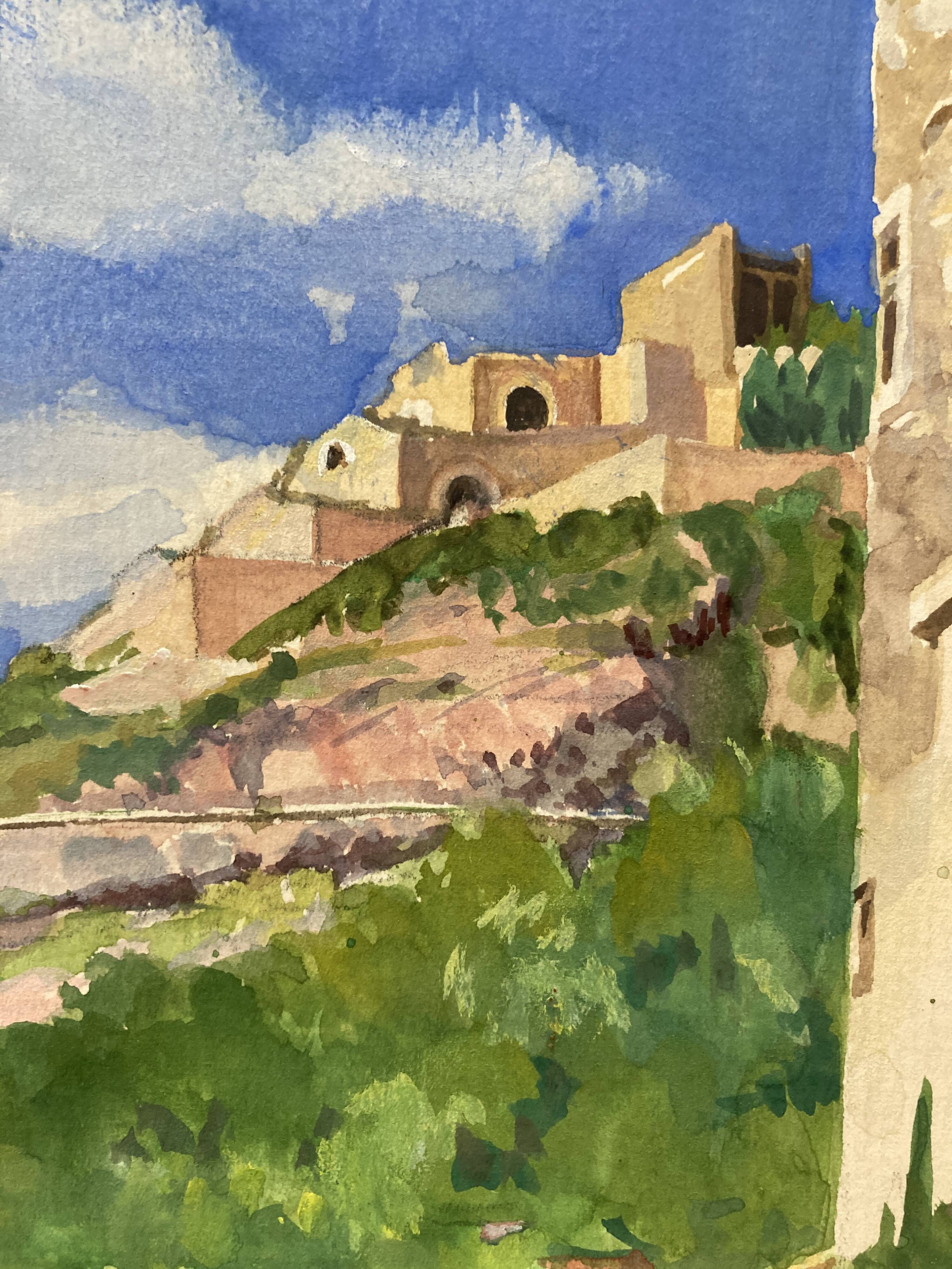 Watercolor Provencal landscape with fortified ramparts