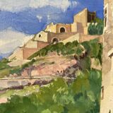 Watercolor Provencal landscape with fortified ramparts