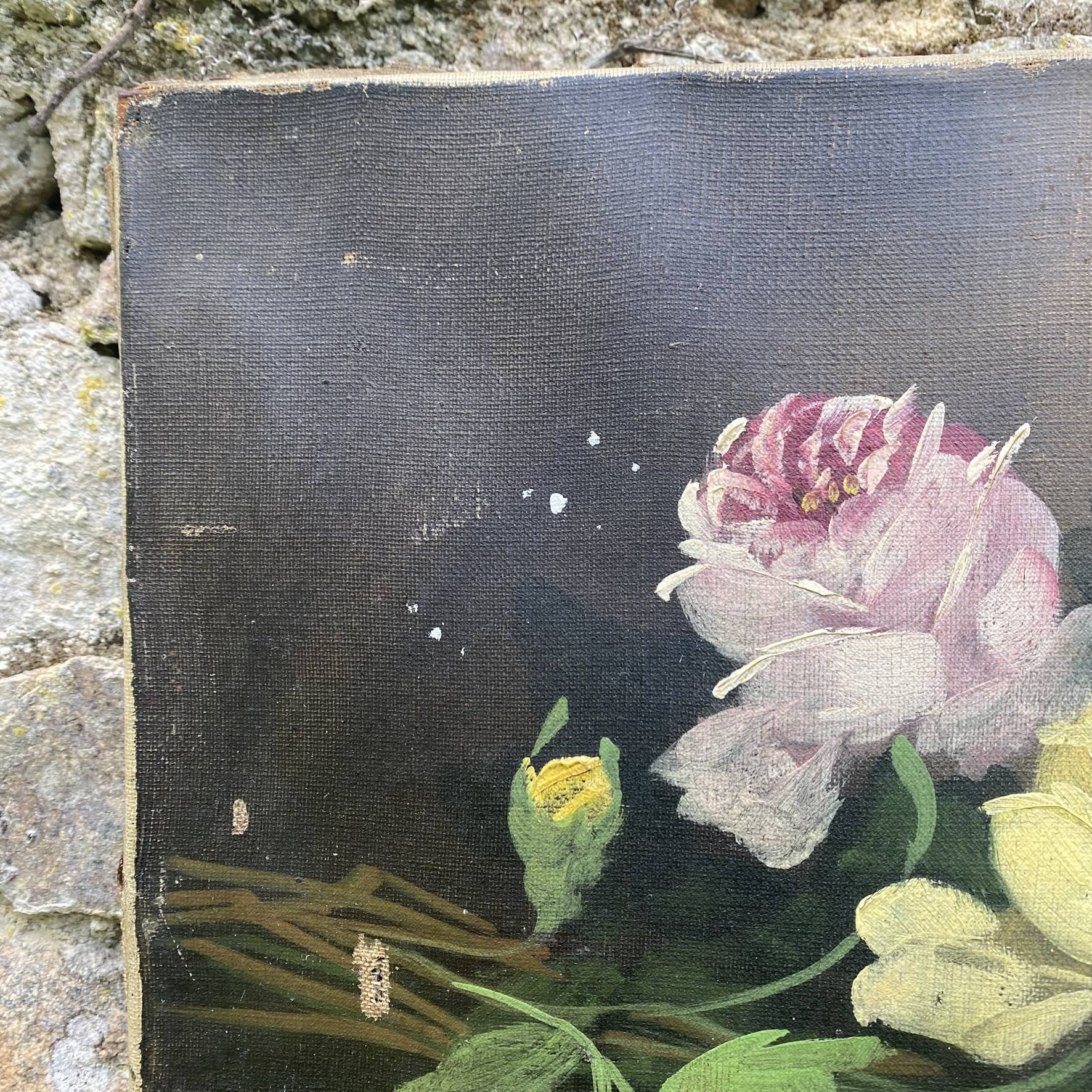Old still life, old painting of flowers, bouquet of roses.