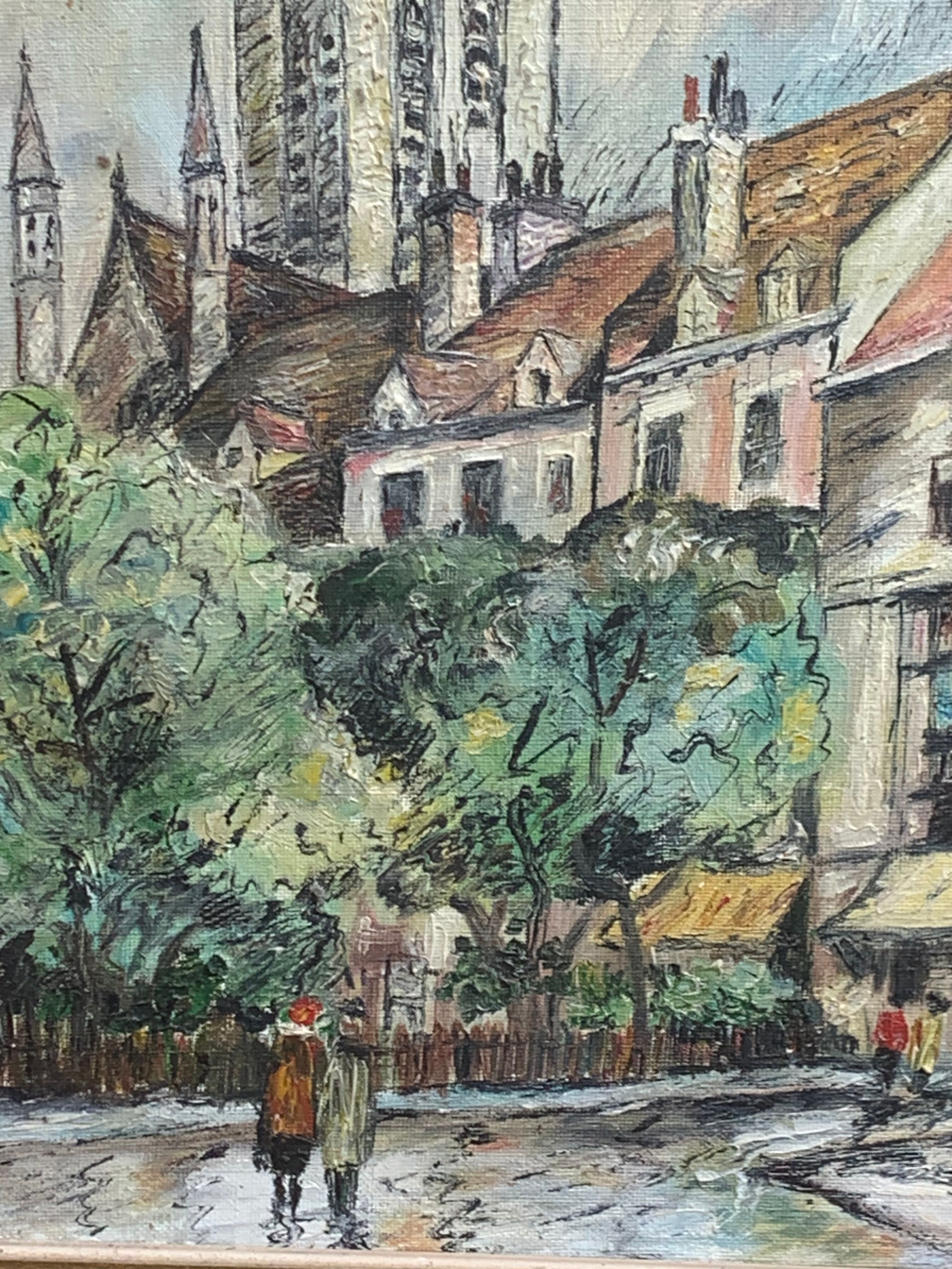 Painting signed J.Trillaut city scene framed vintage canvas 1969