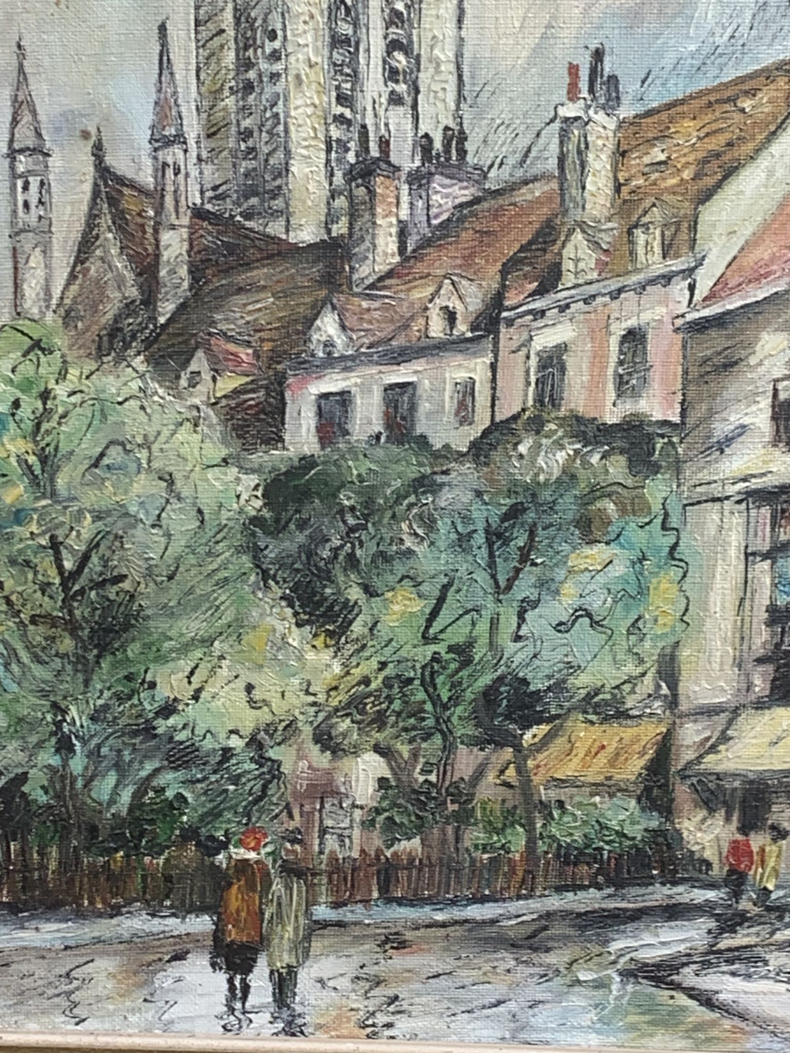 Painting signed J.Trillaut city scene framed vintage canvas 1969