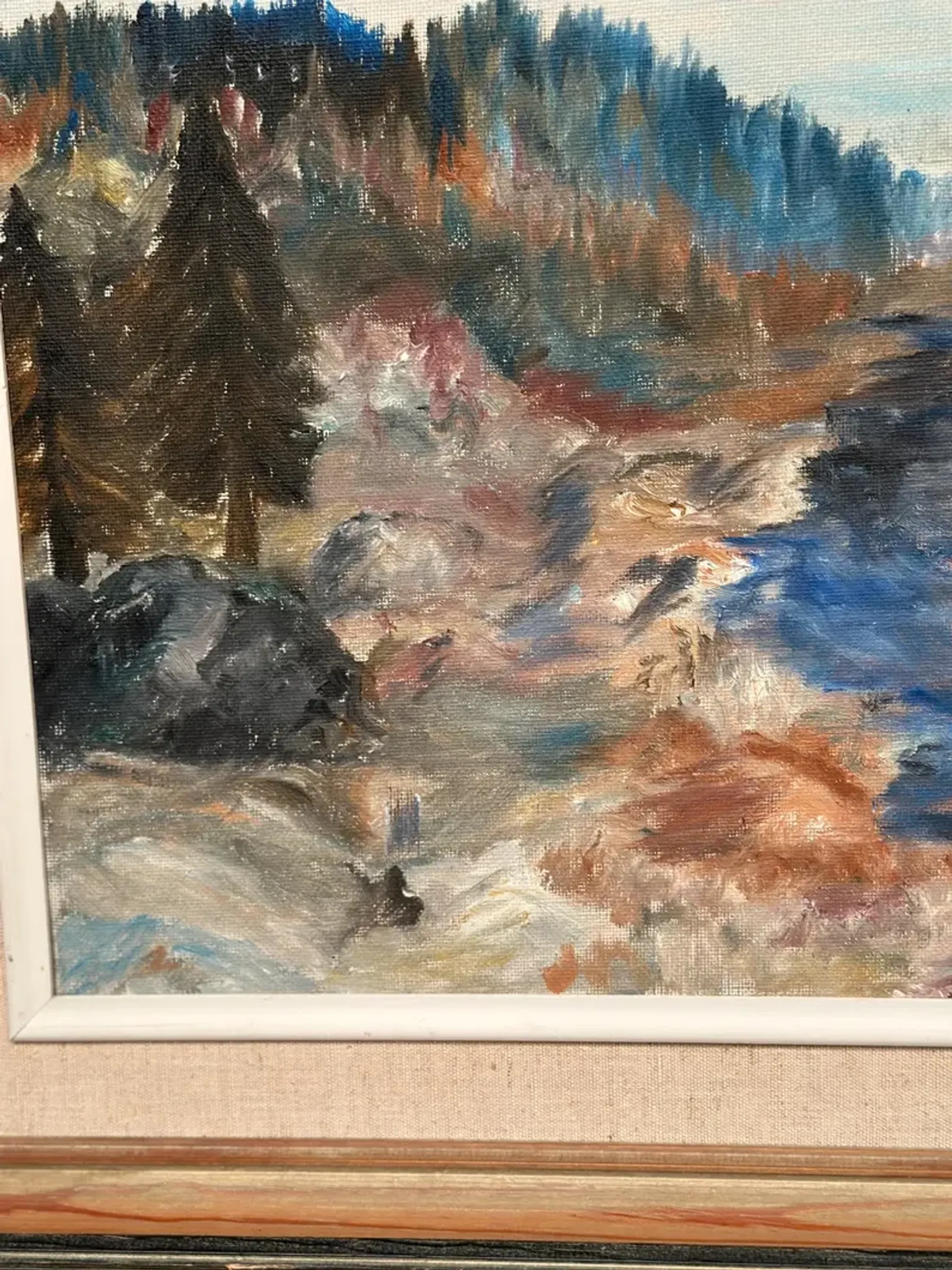 Original Swedish Oil on Canvas – “Landscape with River and Forest” by Kaj – Signed – Vintage & Framed – 60 × 52 cm (23.6" × 20.5")