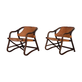 Set of two mid-century manou and leather lounge chairs