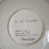 Plat en faience signe claude smadja "le coq turquoise" peint main 1996