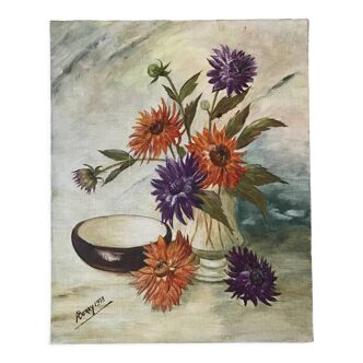 Tableau huile sur toile nature morte bouquet renoncules et lilas signé vintage