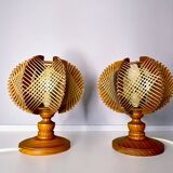 Lampes de table en bois et osier, années 60