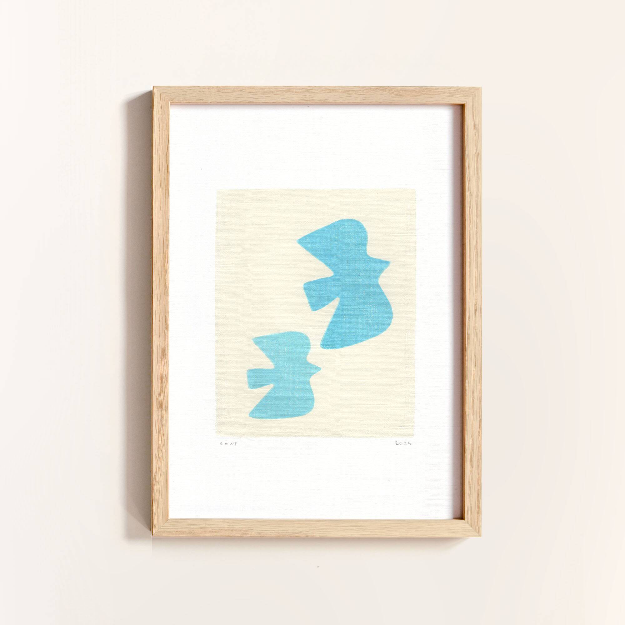 Painting on paper - birds - light blue - signed eawy