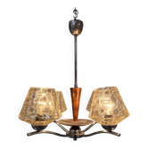 1960s Napako Mid-Century Modern Czech Four-Arm Glass Wood Chrome Chandelier
