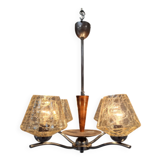 1960s Napako Mid-Century Modern Czech Four-Arm Glass Wood Chrome Chandelier