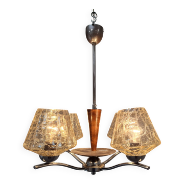 1960s Napako Mid-Century Modern Czech Four-Arm Glass Wood Chrome Chandelier