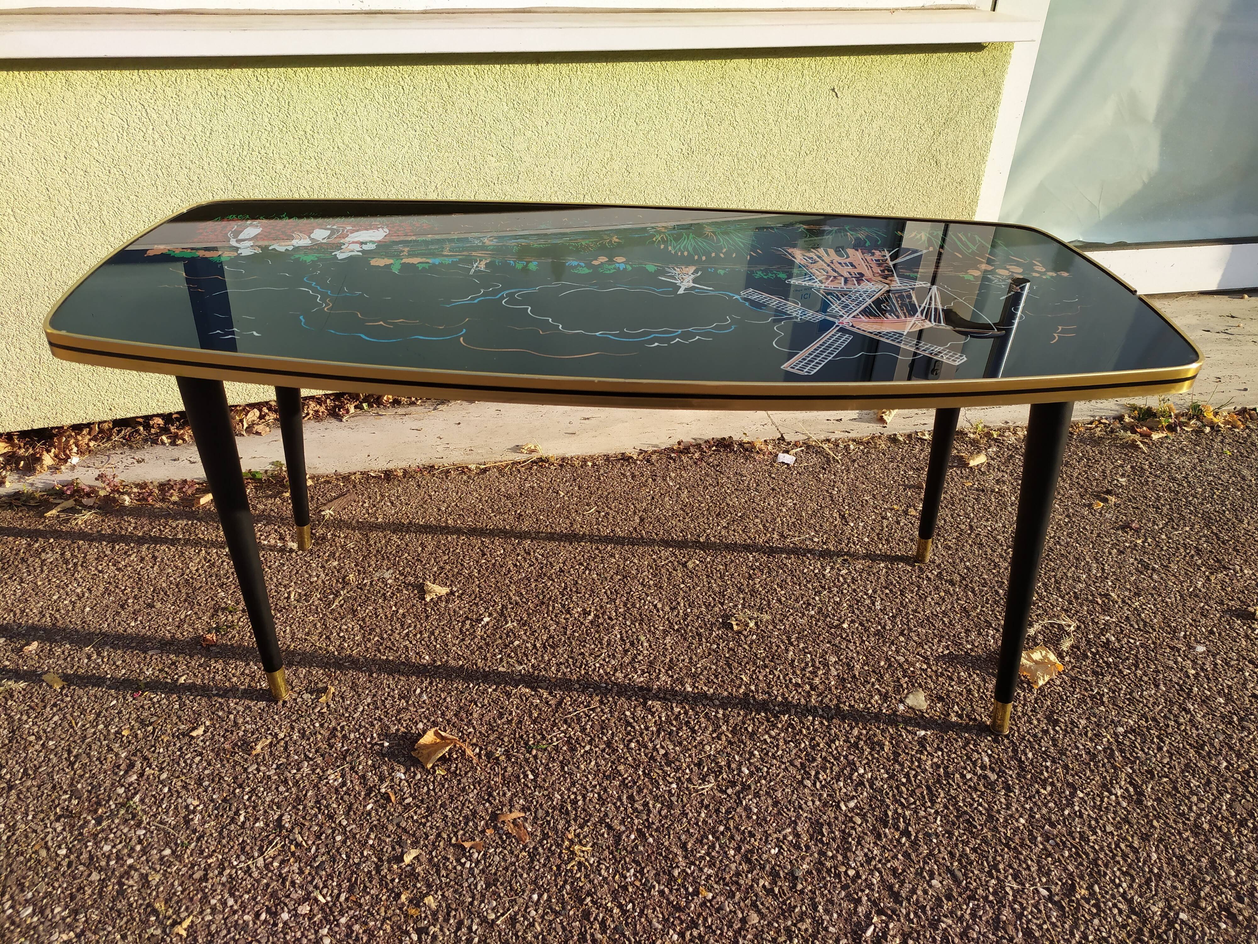 Table basse pieds compas formica verre paysage moulin breton - vintage 1960