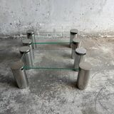 Paire de tables basses modernistes en verre transparent et acier inoxydable brossé, avec pieds cylindriques