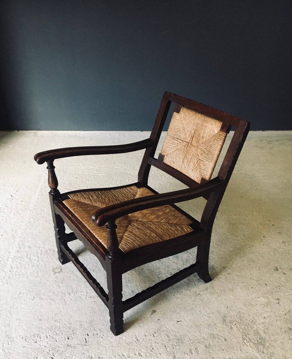 Low Arts & Crafts Oak & Rush Armchair, Belgium 1920s