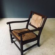 Low Arts & Crafts Oak & Rush Armchair, Belgium 1920s