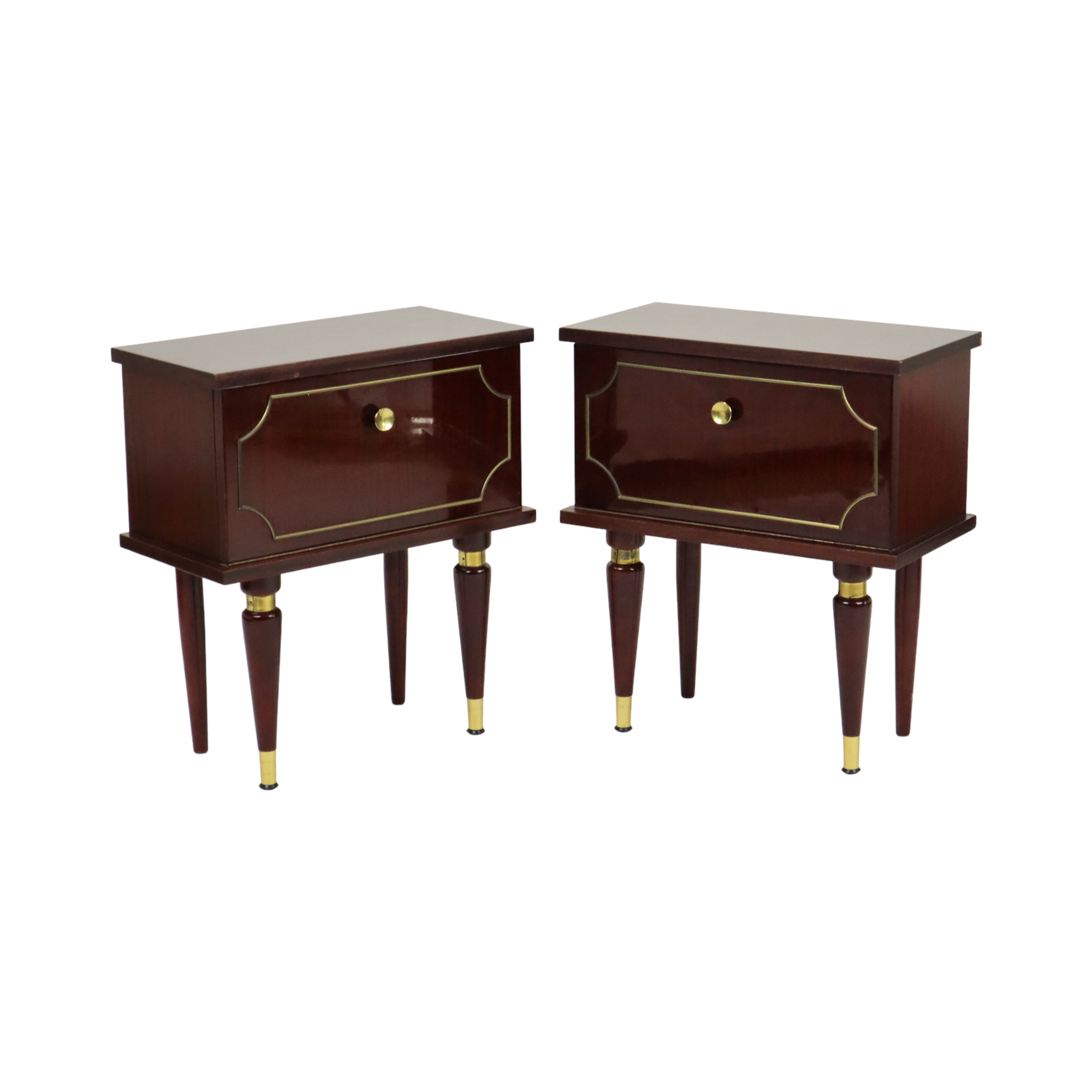 Koppel vintage nachtkastjes mahonie fineer messing regency stijl nachttafels 50cm