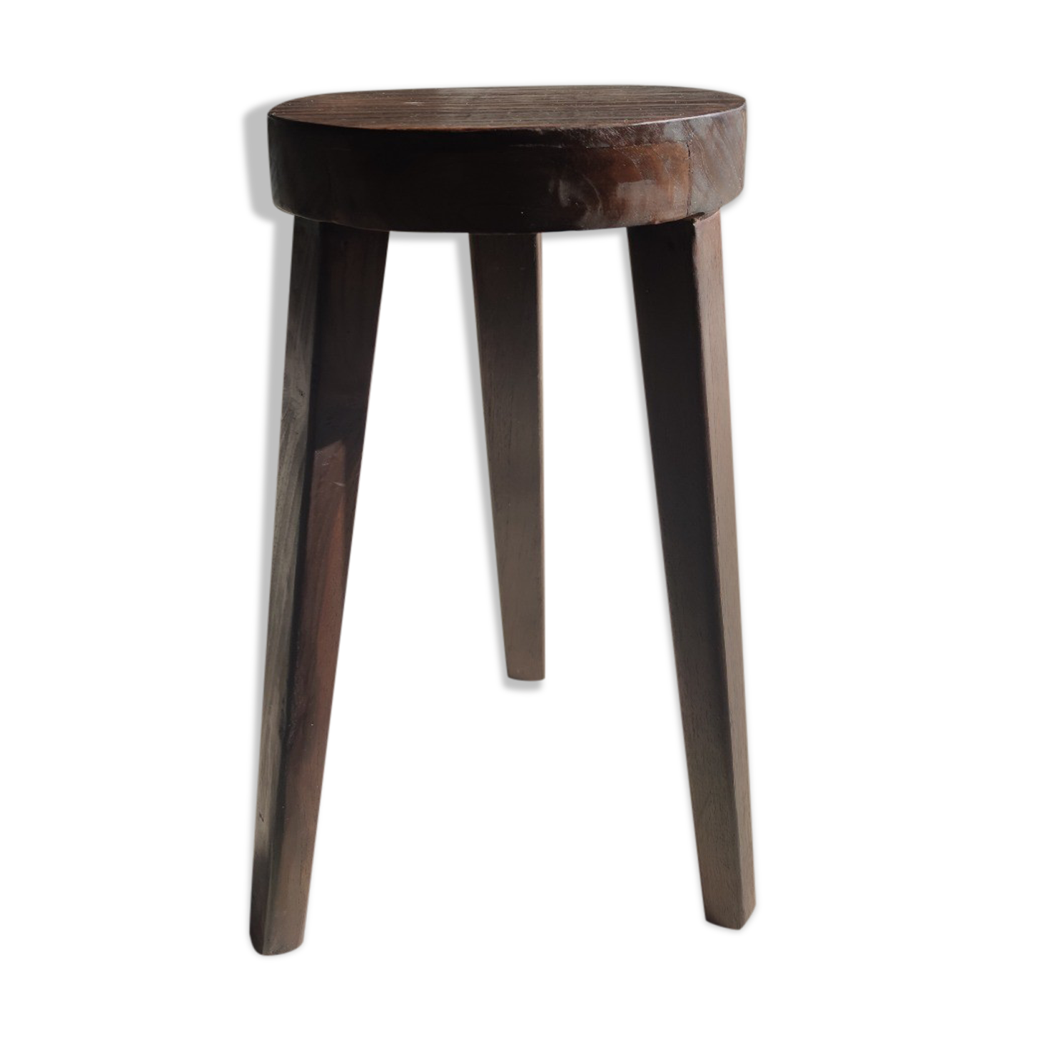 Small high tripod stool in brown solid wood