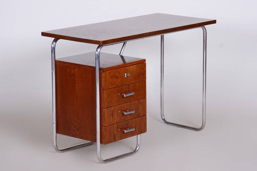 Bauhaus Writing Desk in Oak and Chrome by R. Slezák, Czech, 1930s