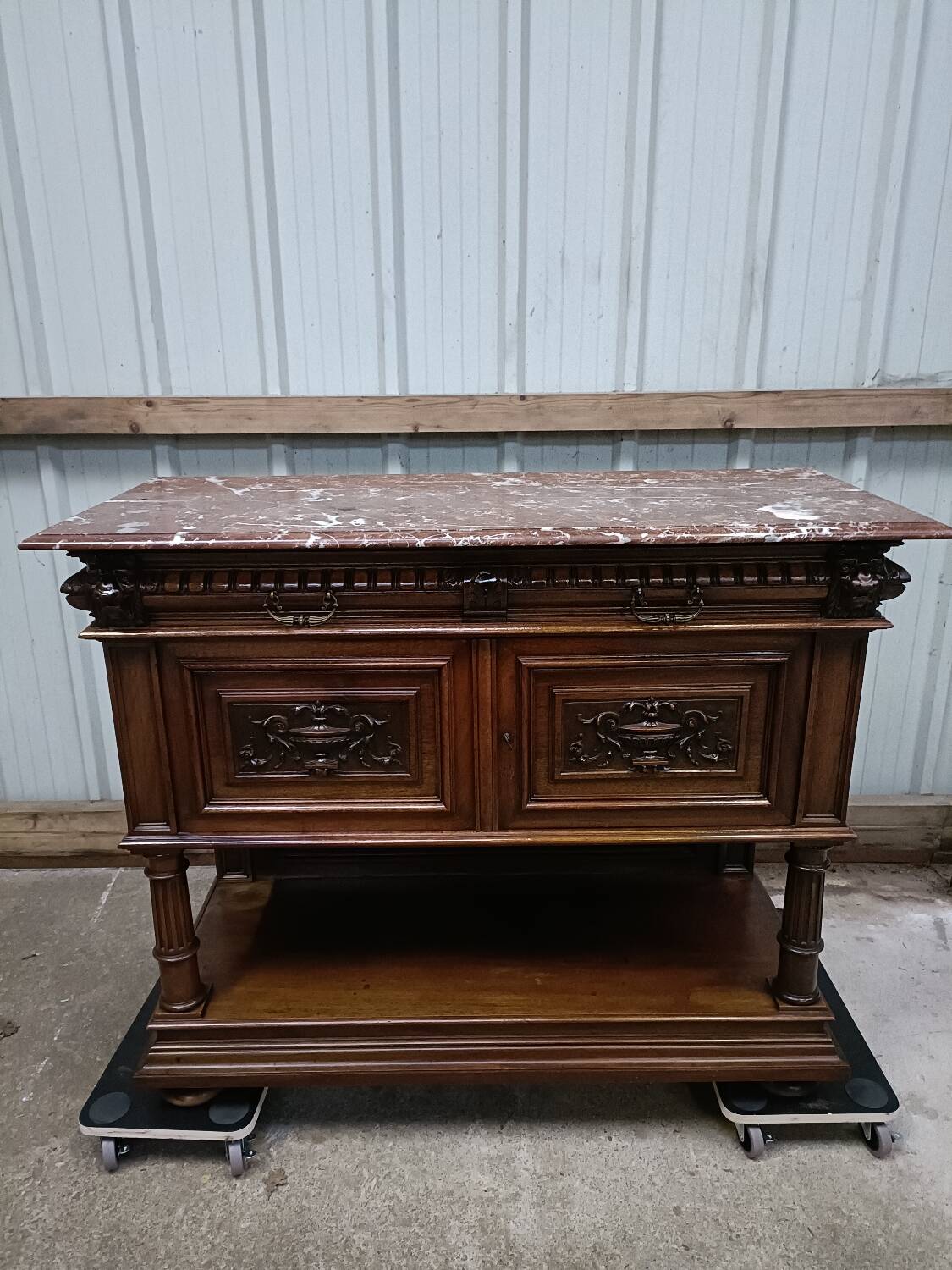 Solid walnut sideboard, Henri II style, Renaissance, with pink and white marble top