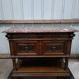 Solid walnut sideboard, Henri II style, Renaissance, with pink and white marble top