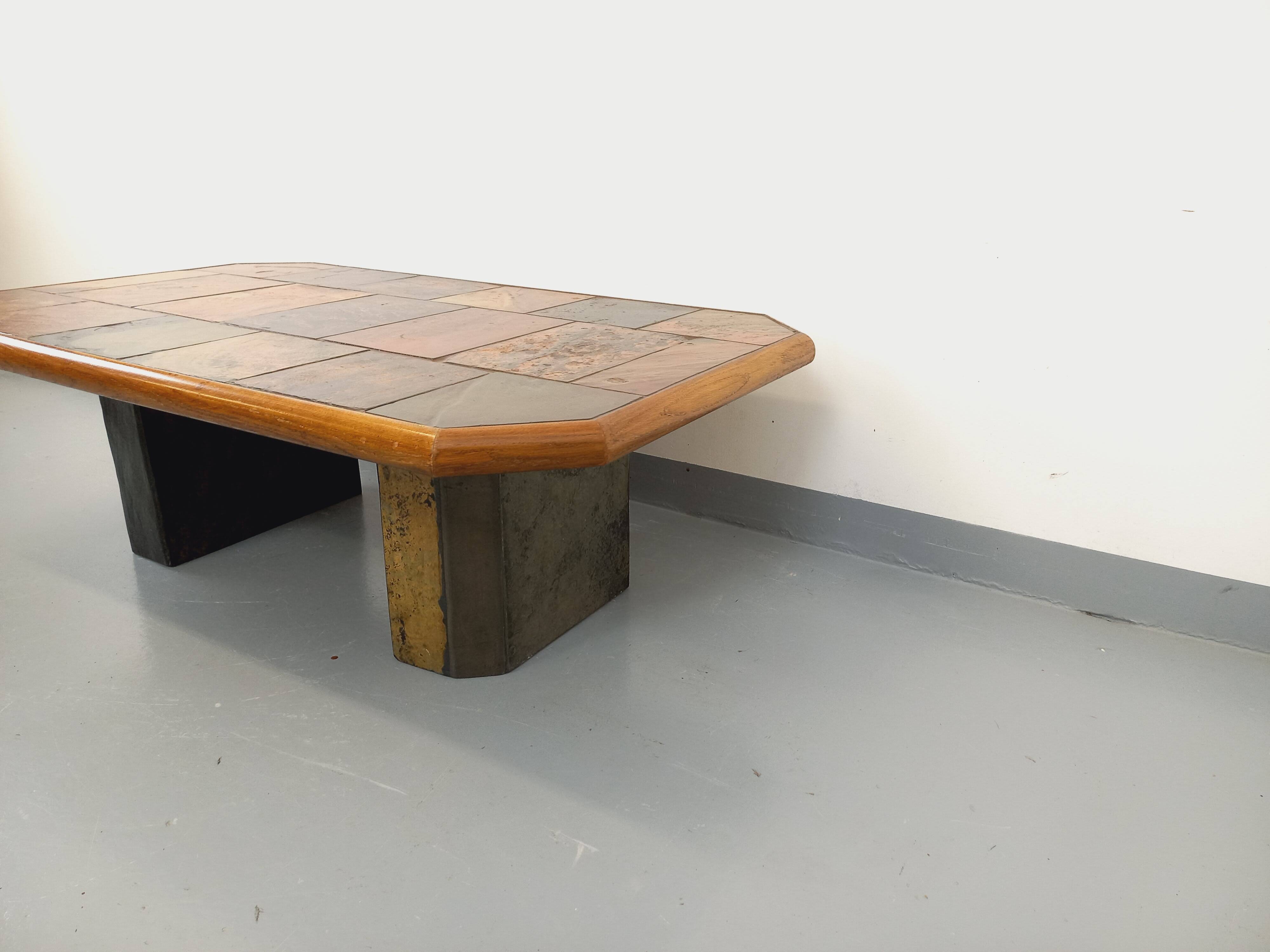 Vintage Brutalist Stone and Oak Coffee Table from the 70s 80s