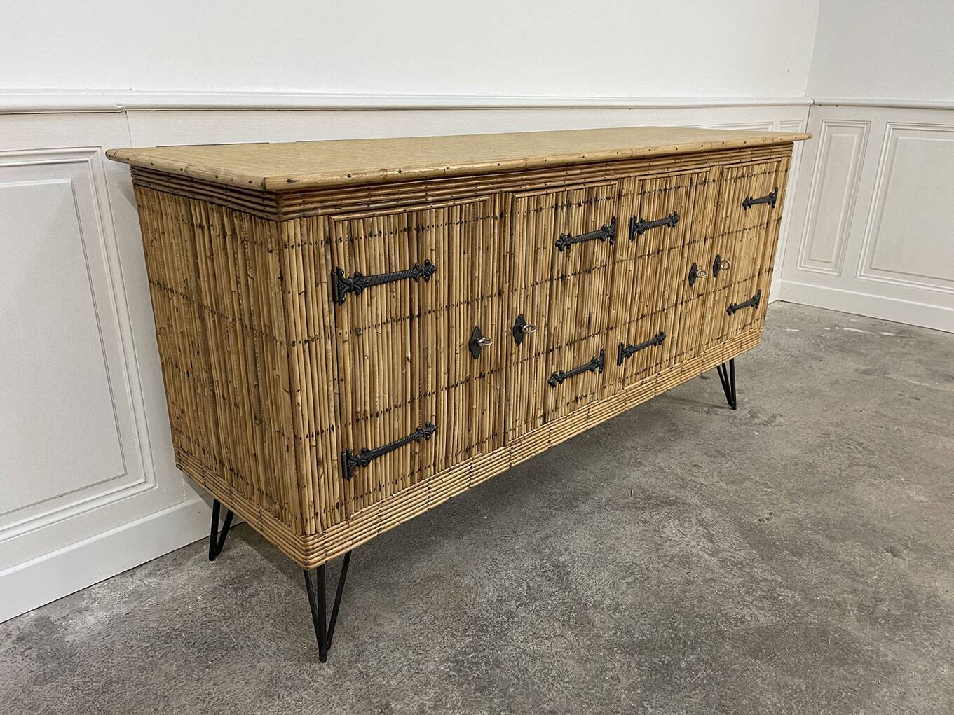 Vintage Audoux Minnet style  rattan sideboard