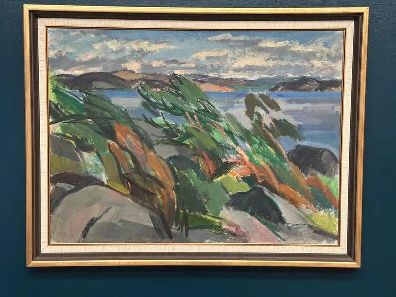 Large original Swedish oil on canvas – "Rocky Shore" – Signed – vintage and framed – 91 × 70 cm (35.8 in × 27.6 in)