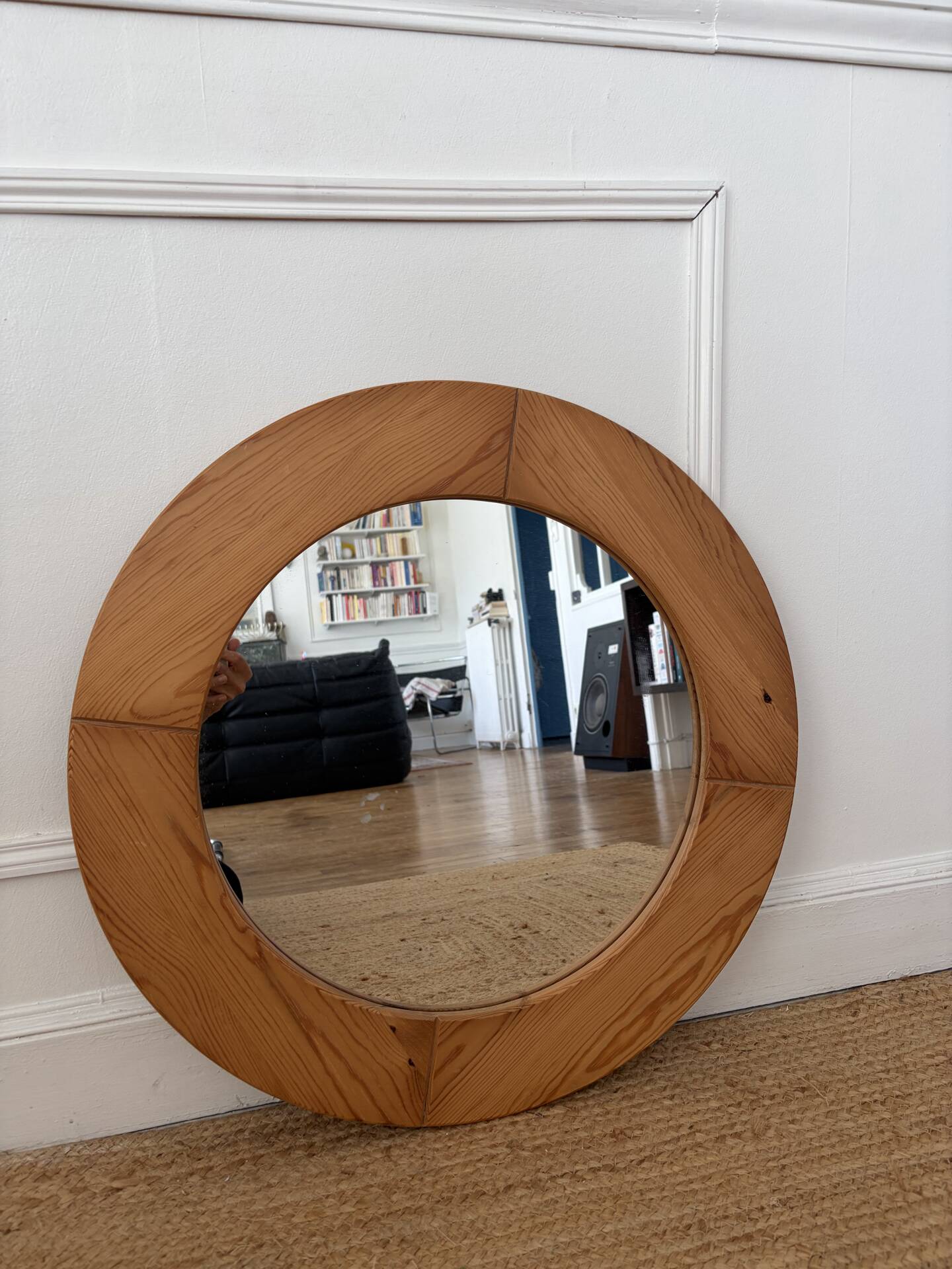 Round Scandinavian pine mirror from the 1970s.