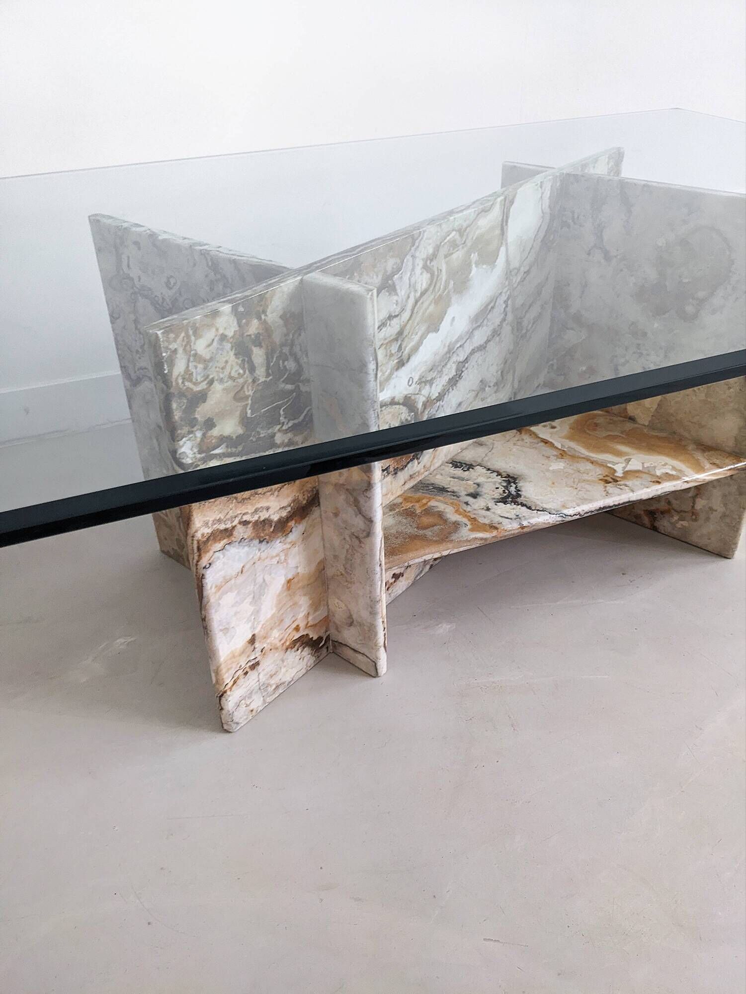 Italian marble coffee table with glass top 1970's
